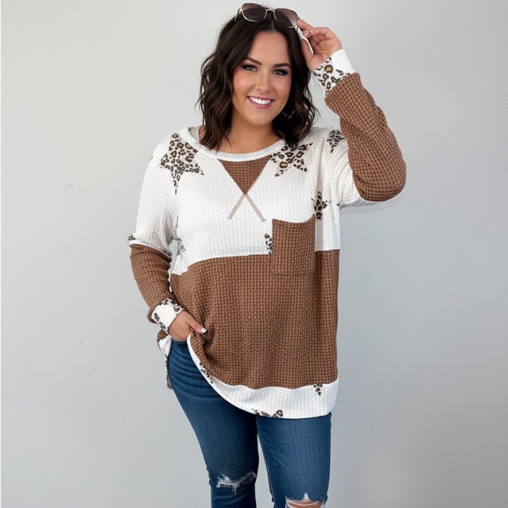 Waffle-Knit Brown and White Colorblock Long Sleeve Tee